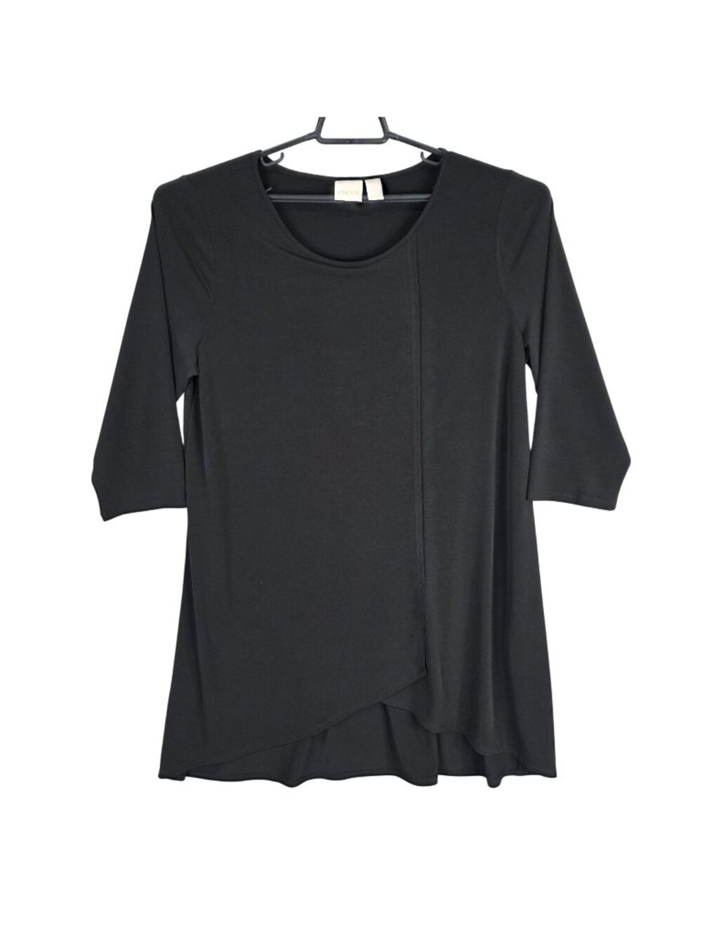 Womens Chicos Black Asymmetrical Hem Tunic Top 3/4 Sleeve Polyester Blend Size 2